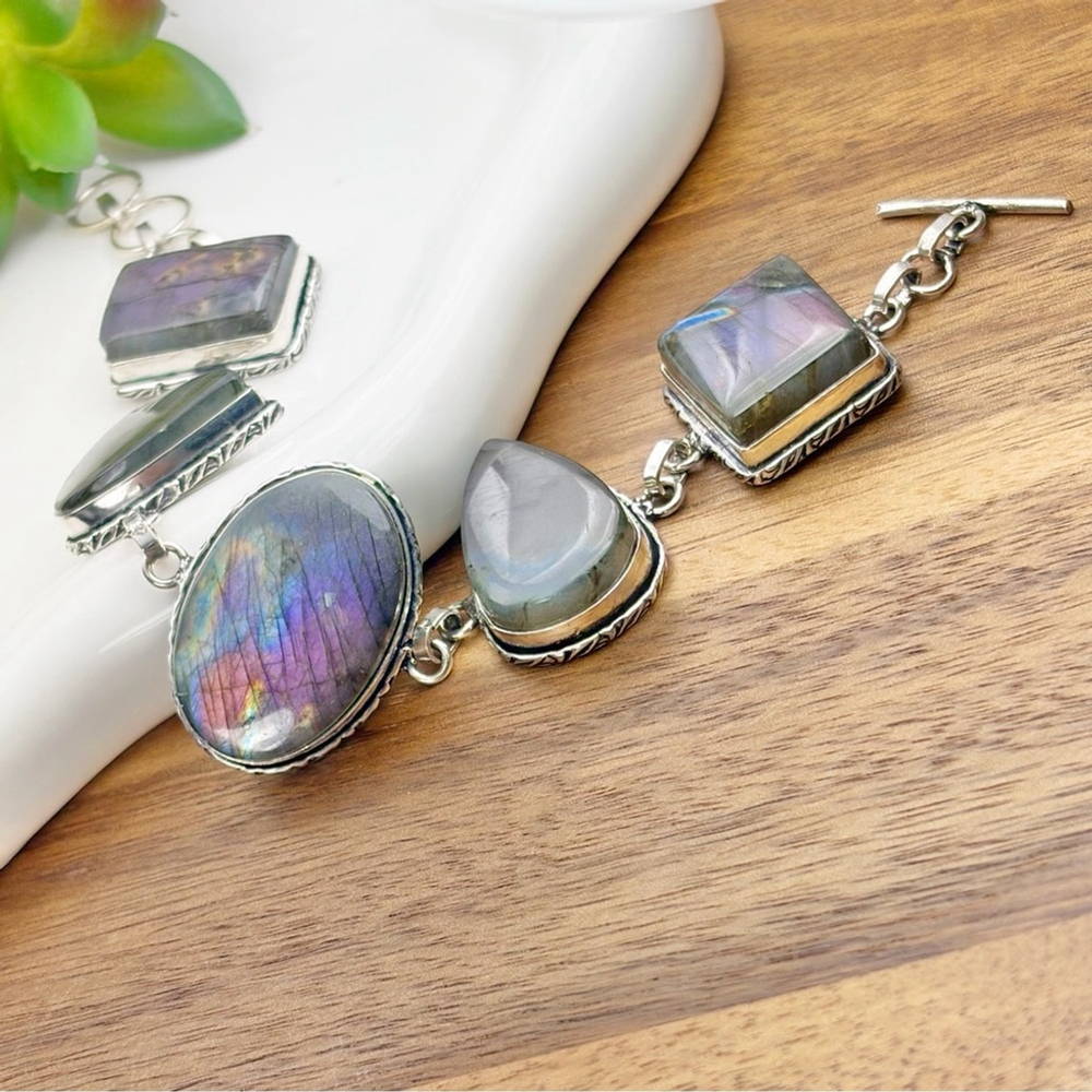 Natural Purple Labradorite Chunky Bracelet Boho New 925 Sterling Silver Overlay